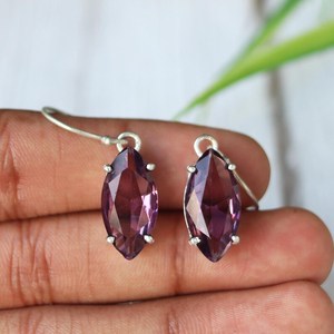 Boucles d'oreilles marquise en améthyste faites à la main, en argent sterling 925, pierres précieuses naturelles, bijoux pendantes élégants, cadeau pour femme - Product Image 5