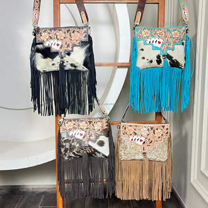 Sac bandoulière Western 2026 élégant en cuir de vachette fait main avec franges, motif cartes de poker, style cowgirl bohème - Product Image 5