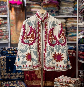 Handmade Suzani Short <b>Velvet</b> <b>Jacket</b> Floral Embroidered Boho Ethnic Open Front Designer Outerwear <b>for</b> <b>Women</b> Traditional - Product Image 1