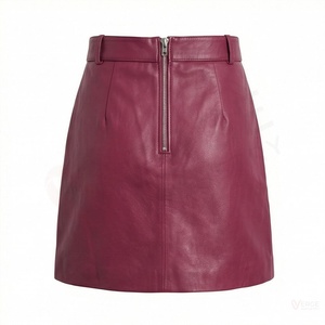 Minifalda de cuero genuino de cintura alta para mujer, estilo línea A, con cremallera, estilo motociclista. - Product Image 2