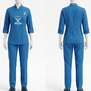 Uniforme de chef pour femme, 240 GSM, polycoton, bleu royal, avec passepoil contrastant, design à panneaux sur mesure, broderie personnalisée, logo tissé - Product Image 2