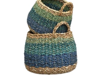 Durable Handcrafted Seagrass <b>Laundry</b> <b>Basket</b> with Blue Green Gradient Accent Multi Functional <b>Woven</b> Container Bin - Product Image 3