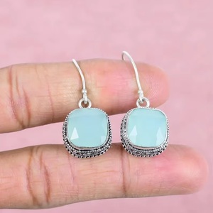 Pendientes Colgantes de Plata de Ley 925 con Calcedonia Aqua, Hechos a Mano, Estilo Vintage, con Gancho, Piedras Preciosas Naturales - Product Image 6
