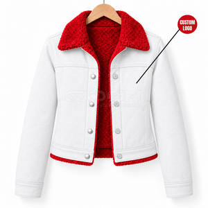 Cosh International Sisterhood Sorority Faux Sherpa Lined Warm <b>White</b> Red Denim Jacket Button Fly Studded Work Denim <b>Coat</b> - Product Image 1