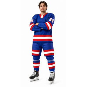 Ensemble de maillot de hockey sur glace pour homme, bleu, rouge, blanc, rayé, sublimé, manches longues, évacuation de l'humidité, coupe régulière, uniforme adulte - Product Image 2