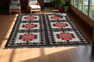 Tapis géométrique Kilim fait main, écologique, tufté à la main, rectangulaire, en laine et acrylique, pour salon, à poils moyens, en latex - Product Image 4