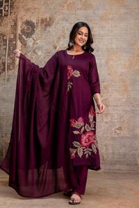 Ensemble Kurti, pantalon et dupatta pour femme Twin Feet, en coton Mul de qualité supérieure, brodé au point de croix, couleur vin, séchage rapide, été, longueur genou - Product Image 3