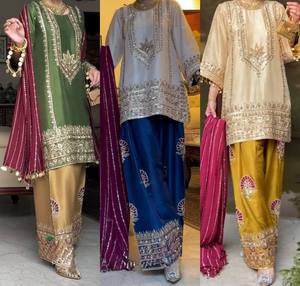 NOIIR PIGEON Ensemble Sharara 3 Pièces pour Femme en Soie Naturelle Brodé, avec Dupatta en Faux Georgette Infroissable, Style Indien - Product Image 4