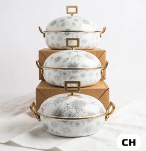 Luxury White Grey Floral Enamel Hot <b>Pot</b> Insulated Casserole <b>Set</b> Food Warmer Serving Dish With Gold Handle Lid For Home - Product Image 3