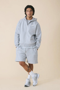 Sweat à capuche zippé pour homme en molleton de coton gris chiné, avec logo frontal, épaules tombantes et poche kangourou, style streetwear décontracté pour l'hiver - Product Image 4