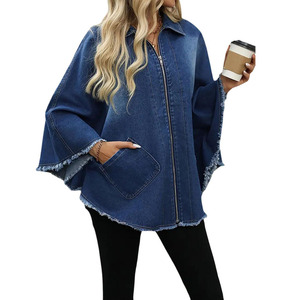Streetwear Casual Turn Down Collar Loose Fit Zipper Jacket Ladies Oversize batwing Sleeve Denim Jacket - Product Image 5