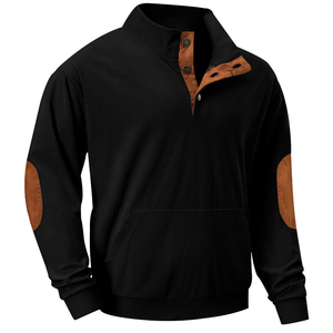 Pull à col zippé noir pour homme avec empiècements marron aux coudes et col boutonné, sweat-shirt tricoté décontracté, coupe classique, idéal pour l'automne - Product Image 1