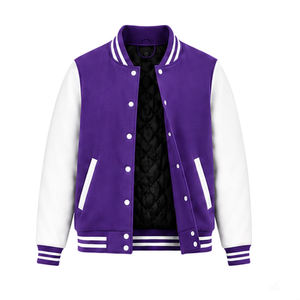 <b>Men's</b> Purple <b>White</b> Varsity <b>Jacket</b> Regular Fit Zipper Closure Preppy Style Fleece Material Turn-down Collar Pockets Autumn Wear - Product Image 3
