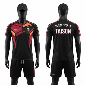 <b>Mens</b> Badminton Uniform 160 GSM Polyester <b>Black</b> Red Orange Breathable Jersey <b>Shorts</b> Sublimated Panels Custom Logo Teamwear - Product Image 1