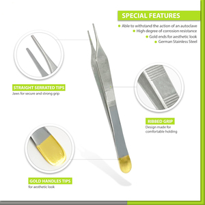 Pinzas Adson Premium con Mango Dorado, Rectas, Punta Fina, Serradas, Instrumento Quirúrgico Veterinario, Certificado ISO13485 Clase I CE - Product Image 3