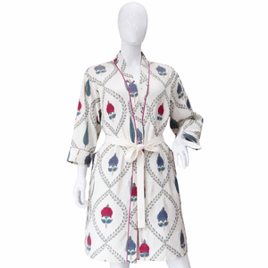 Luxury Cotton Floral Bathrobe Women Blue <b>Pink</b> Flower Block Print Spa Robe Elegant Morning Gown Soft Lightweight Dressing Gown - Product Image 1