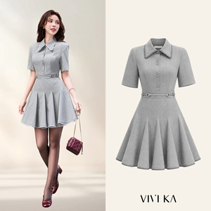 Robe chemise à rayures fines pour femmes, coupe évasée, avec ceinture amovible, manches courtes, mini-robe de bureau, tenue de travail élégante LUCAS - Product Image 1
