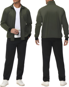 OEM Custom <b>Men's</b> Zipper <b>Tracksuit</b> <b>Green</b> Full Zip Jacket Elastic Drawstring Black Joggers Set Casual Wear Wholesale Supplier - Product Image 2
