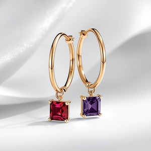 ต่างหูห่วงประดับพลอยสีม่วงทรงคุชชั่น ทองคำแท้ 14K ประดับเพชร เครื่องประดับชั้นดี สง่างาม เหมาะสำหรับใส่ทุกวัน - Product Image 3