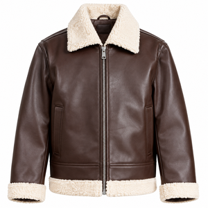 <b>Men's</b> Brown Genuine Leather Bomber <b>Jacket</b> <b>Sherpa</b> Lined Zipper Closure Moto Style Winter Wear - Product Image 1