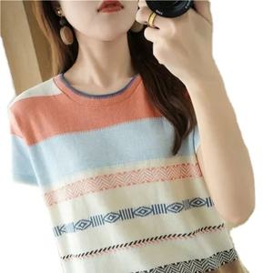 Camiseta de algodón 100%, novedad de verano, suéter de punto informal de manga corta para mujer, jersey de cuello redondo, Top suelto de talla grande para mujer - Product Image 1