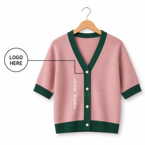 Cosh International Sorority Sisterhood Acrylic Pink Green Contrast Knitted <b>Cardigan</b> V-Neck <b>Short</b> <b>Sleeve</b> Casual Button Front - Product Image 1