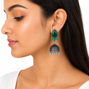Boucles d'oreilles Jhumka en alliage de zinc plaqué argent, imitation onyx traditionnel, faites à la main, style vintage, ethnique, indien, bohème, pour soirée - Product Image 2