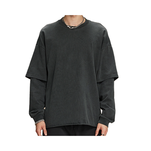 Camiseta de Manga Larga Negra de Punto para Hombre, Talla Grande, Cuello Redondo, Color Sólido, Ribete en Contraste, Estilo Urbano, Ropa Casual - Product Image 1