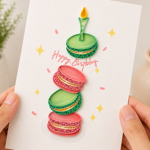 Carte de vœux artisanale en papier personnalisé, impression numérique de haute qualité, origine Vietnam, motif macaron empilé, vente en gros - Product Image 1