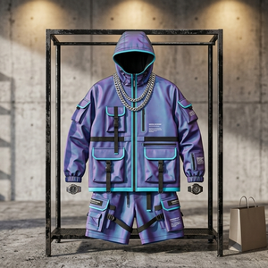 Unisex Streetwear 2 Piece <b>Shorts</b> <b>Set</b> Hooded Jacket With Pockets Color Blocked Purple Blue Sportswear All Seasons Regular Fit - Product Image 5