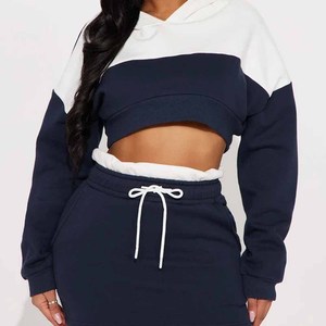 Women Winter Plus Size Color Block Crop Hoodie <b>Set</b> Half Zip Button Collar Drawstring Hem High Waist Shorts Casual Sportswear Two - Product Image 3