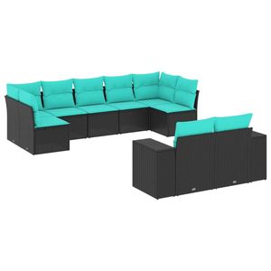Set di divani da giardino in polyrattan nero da 9 pezzi con cuscini, eleganti mobili da esterno - Product Image 2
