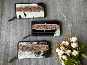 Nuevo elegante estilo occidental pelo en Hide Tooled Fur Leather Clutch mujeres diseñado monedero Venta caliente Tooled Leather Zipper Wallet - Product Image 3