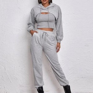 Ensemble de survêtement gris à capuche pour femme, manches longues, couleur unie, décontracté, respirant, coupe ample, pantalon long avec poches latérales, idéal pour l'automne - Product Image 3