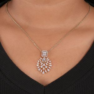 Lab Grown Diamond Floral Pendant Necklace Pear & <b>Emerald</b> Cut Diamond Drop Pendant White Gold Bridal Necklace Wedding Jewelry - Product Image 3