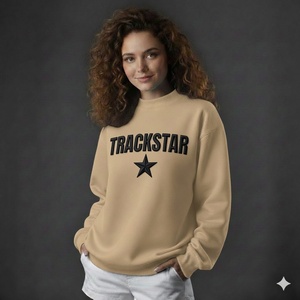 Womens Tan Oversized <b>Mock</b> <b>Neck</b> Sweatshirt Black Trackstar Embroidery Heavyweight Fleece <b>Top</b> - Product Image 5