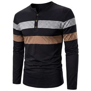 Mens Black Henley Shirt Long Sleeve Color Block T Shirts Fashion Striped Cut Sew Cotton Knit Casual Pullover Tee Shirts - Product Image 1