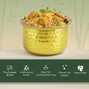 Marmite de cuisson en laiton martelé Vadi Chatti avec revêtement poli, Patila Tapeli moderne en laiton, empilable, écologique et durable pour la cuisine - Product Image 2