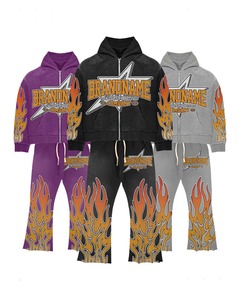 Conjunto de chándal de 2 piezas personalizado con efecto lavado ácido, sudadera con capucha con cremallera y pedrería, y pantalones de chándal acampanados - Product Image 2