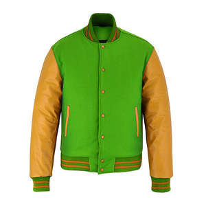 เสื้อแจ็คเก็ตวาร์ซิตี้สีเขียวสำหรับผู้ชาย แขนหนัง PU ปกคอพับได้ ติดกระดุมด้านหน้า ทรงปกติ สีพื้น สำหรับฤดูใบไม้ร่วง - Product Image 1