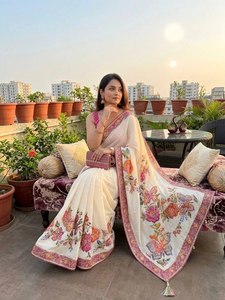 Sari long en chinon crème de qualité supérieure pour femme, broderie florale rose, motif papillon, tenue traditionnelle indienne pour mariage, séchage rapide - Product Image 3