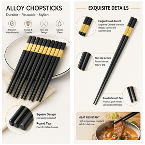 Palillos cuadrados de estilo japonés, nuevos, de plástico PBT negro, 5 pares - Product Image 3