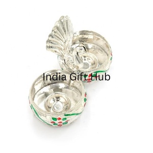 Meenakari Peacock Haldi Kumkum Stand German <b>Silver</b> Peacock Design Tray with Polish Finish for Kumkum and Batla Holder - Product Image 3