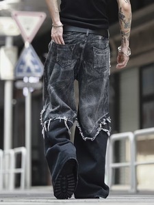 Pantalon large déchiré en faux denim style hip-hop américain pour homme, style urbain de niche, patchwork, délavé - Product Image 6