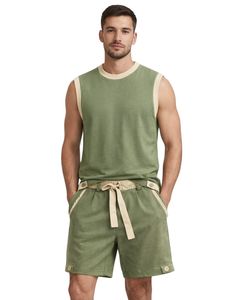 Ensemble débardeur sans manches vert et short assorti pour homme, tenue décontractée d'été en coton, short à cordon de serrage avec bordure contrastée, ensemble deux pièces - Product Image 1