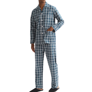 Ensemble de pyjamas classiques pour hommes, manches longues, vêtements de nuit de qualité supérieure, 100% coton, vente en gros, décontracté, rayé, séchage rapide, bleu français - Product Image 3