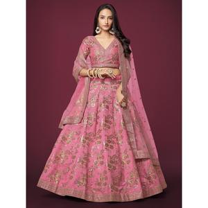 Atractiva ropa de recepción de seda flameada con lentejuelas rosas Lehenga Choli - Product Image 1