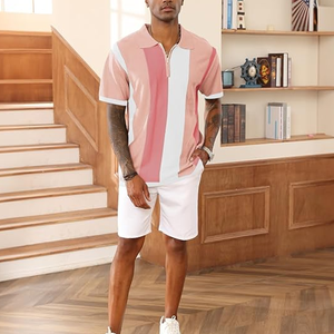 <b>Men's</b> Pink White Striped Knitted Short Sleeve Polo Shirt Casual Zipper Design Regular Fit - Product Image 6