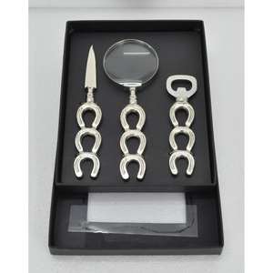 Ensemble de 3 ouvre-lettres en métal avec loupe et ouvre-bouteille, poignées style cheval, finition argentée, coffret cadeau de luxe - Product Image 4