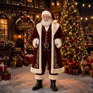 Costume de Père Noël en velours rouge avec bordure en fourrure blanche, chapeau et barbe, pour homme adulte, accessoires de fête de Noël - Product Image 1